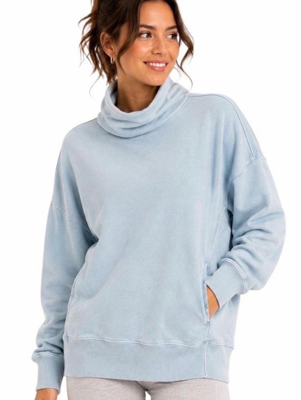 AERIE | Funnel Neck Oversized Sweatshirt Sage Blue XS Cowl Neck Pullover Cotton